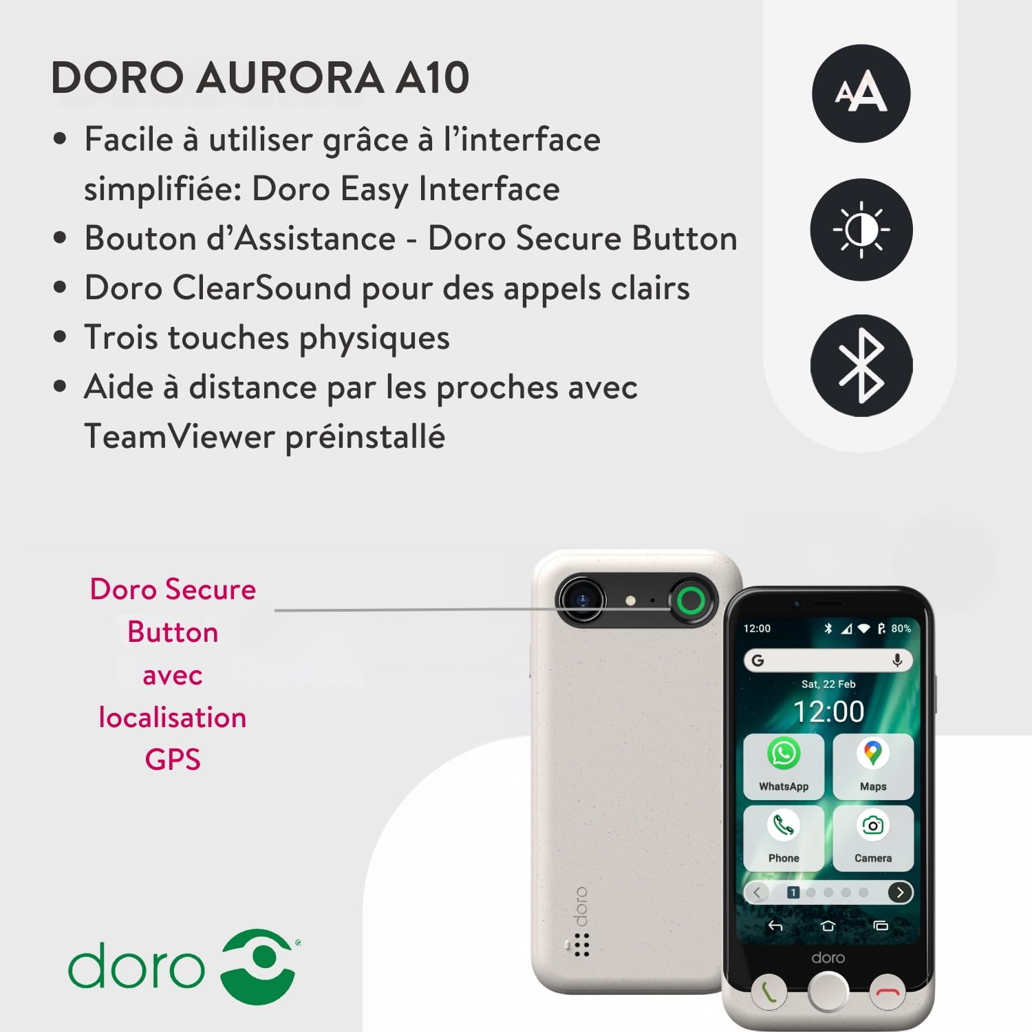 Thumbnail 1 de Doro Aurora A10 – Téléphone portable senior simple et sûr avec SOS, GPS et assistance vocale