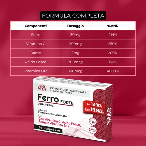 Detalle de Sanavita Ferro Forte Integratore Alimentare con Ferro ad Alto Dosaggio – Paladin Pharma, 30 compresse