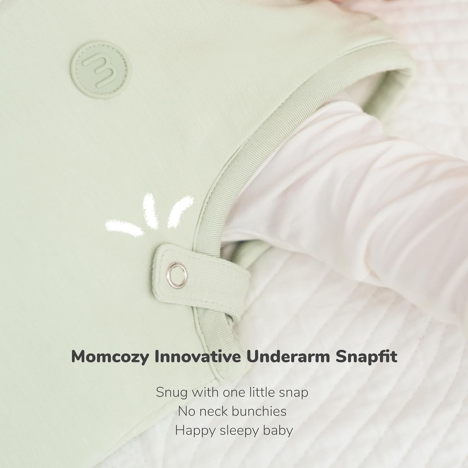 Detalle 2 de momcozy Baby Sleeping Bag 0–6 Months 1.5 TOG Bamboo Green (Snap-fit, Two-Way Zip) – S