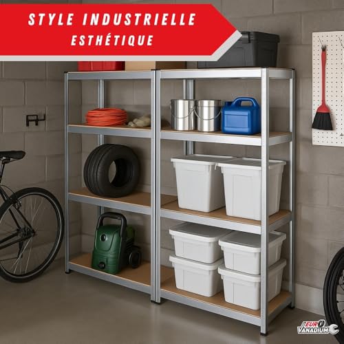 Detalle 2 de EURO VANADIUM Double Étagères de Rangement Charges Lourdes – 160 x 160 cm, 640 kg, 4 niveaux, 8 plateaux, Gris