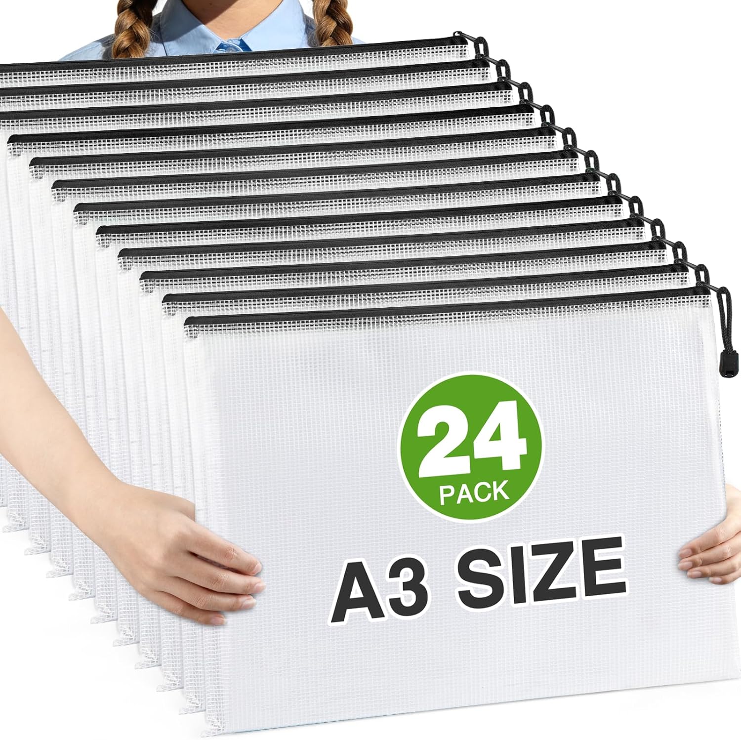 Detalle de Umriox A3 Black Mesh Zipper Bags, 24-Pack for Documents and Files