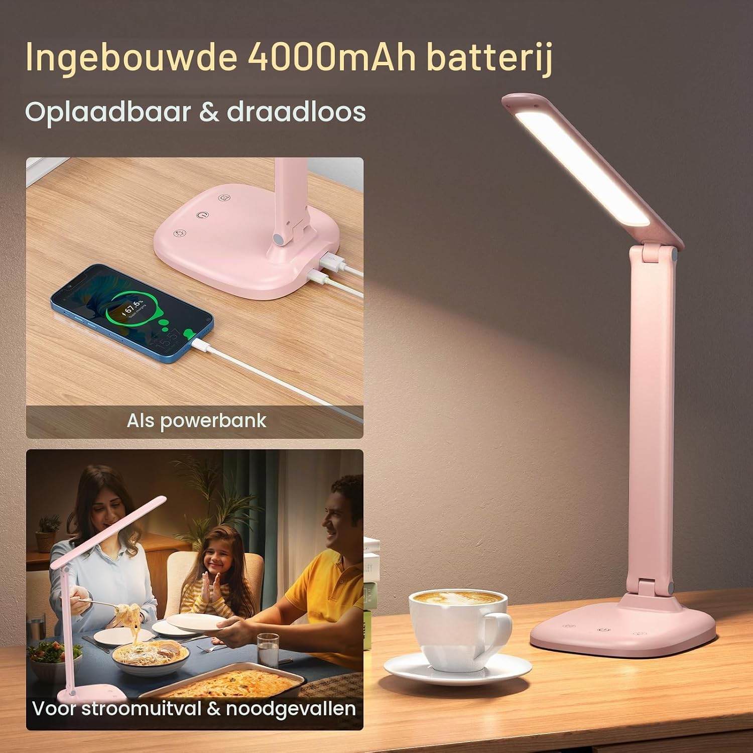 Detalle de KQPZ I7C opvouwbare led-bureaulamp met accu, 5 lichtkleuren en dimfunctie