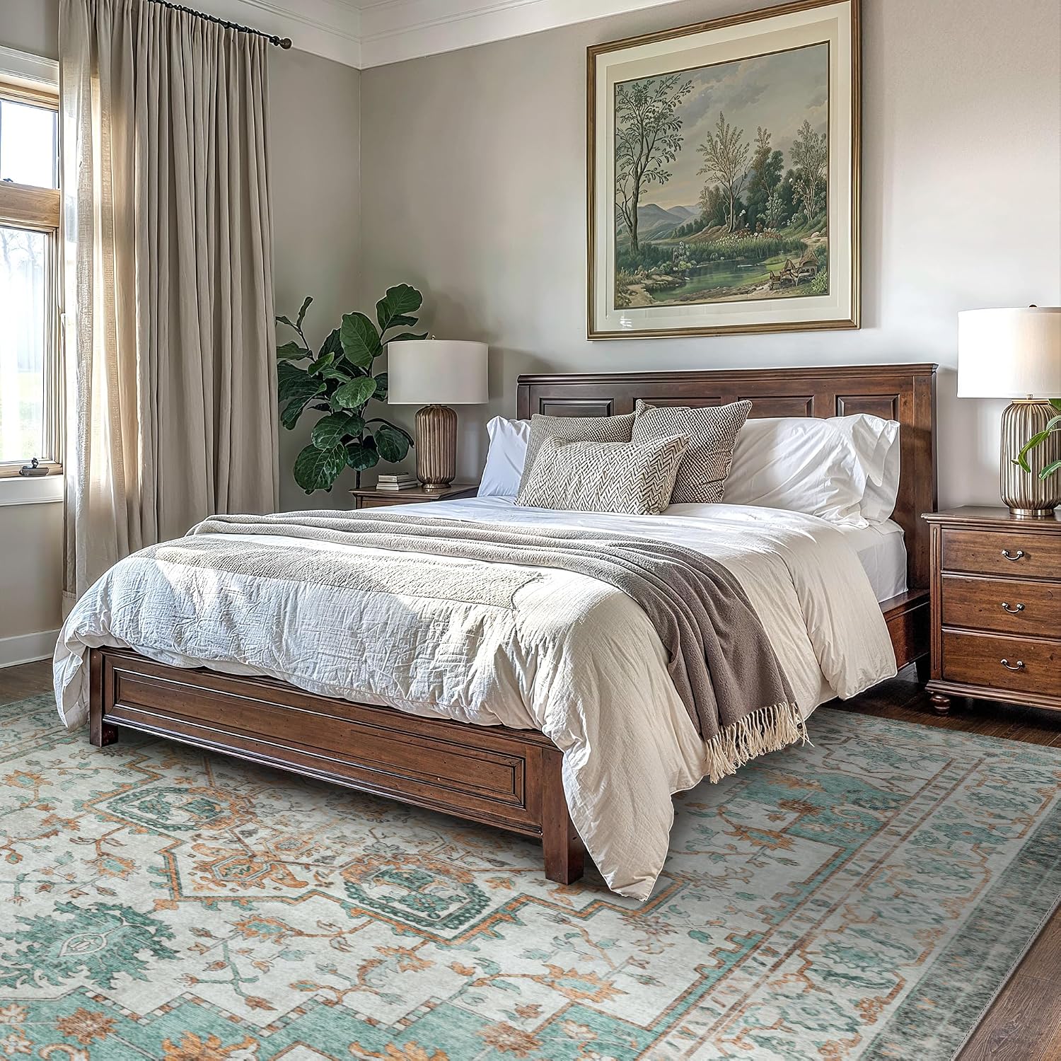 Detalle 2 de GENIMO Area 8' x 10' Washable Low-Pile Floral Area Rug, Turquoise/Ivory