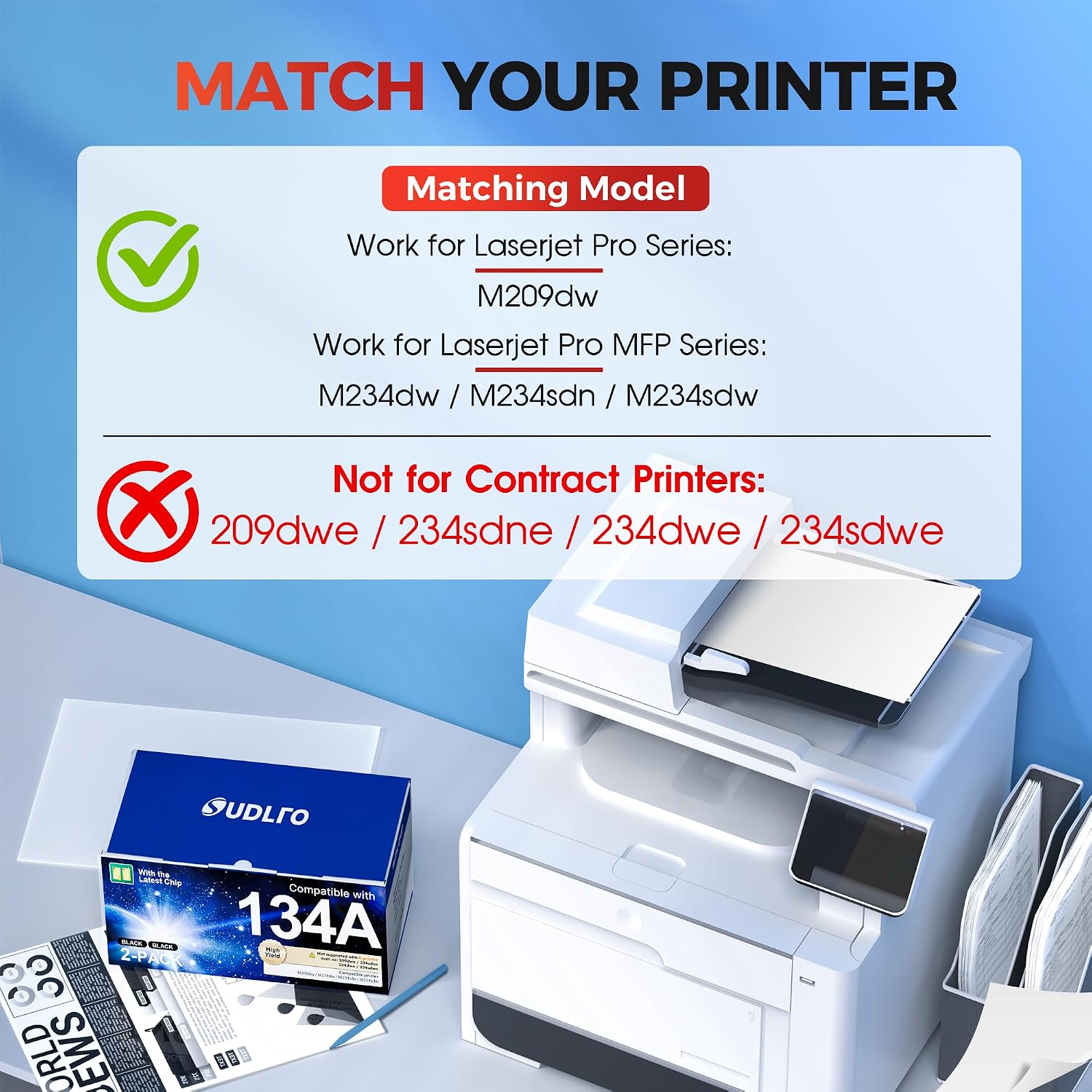 Detalle 2 de SUDLTO 134A Black Toner Cartridge 2-Pack with Chip, Up to 1,100 Pages Each