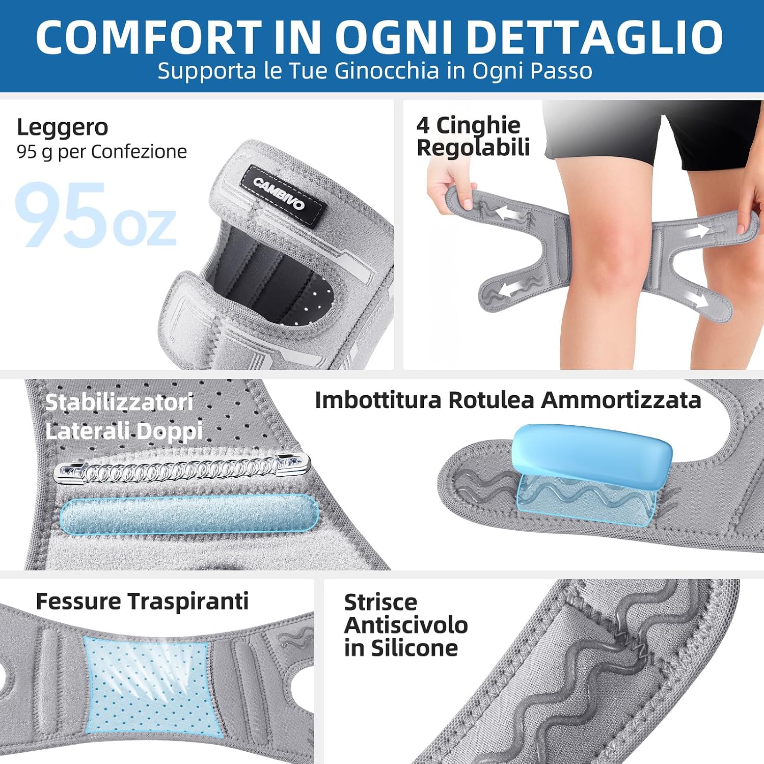 Detalle de CAMBIVO Ginocchiera Ortopedica con Doppio Cuscinetto in Gel e Stabilizzatori a Molla