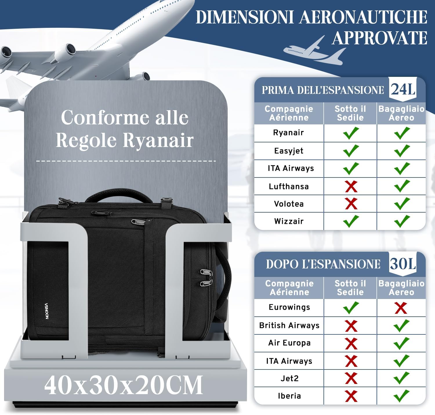 Thumbnail 1 de VSNOON Zaino da Viaggio Estendibile 40x30x20 cm, 24–30 L, Tasche e Laptop 15", Nero