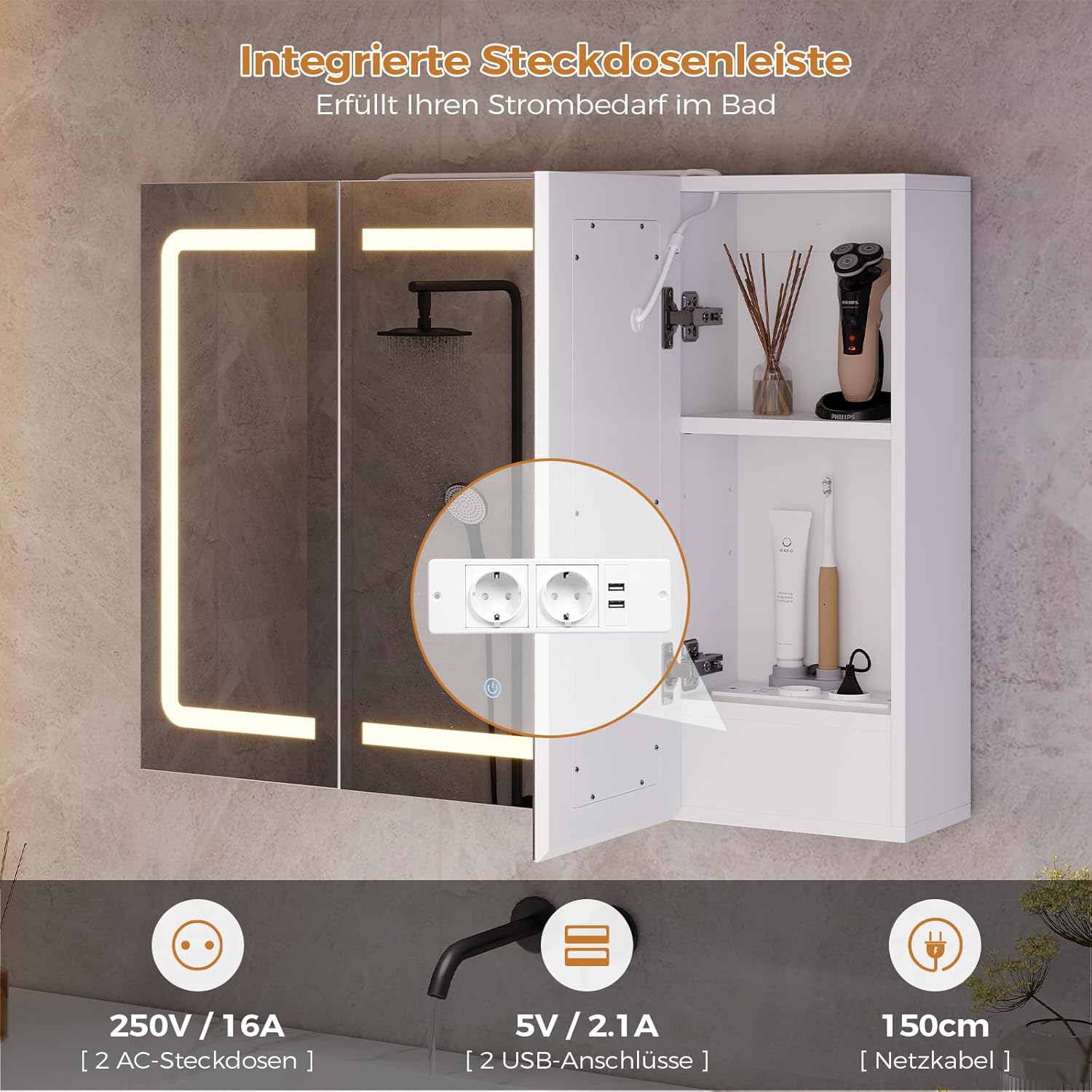 Thumbnail 4 de mojiasion Spiegelschrank fürs Bad mit LED, Touch-Dimmer, Steckdose & 3 verstellbaren Regalen (60×80×16 cm)