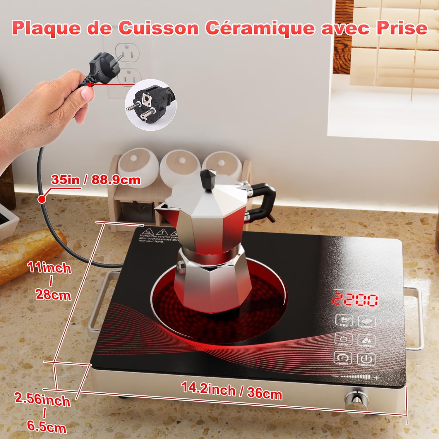 Thumbnail 2 de Argyolas Plaque de Cuisson Électrique 1 Feu 2200W – Vitrocéramique portable pour camping et cuisine