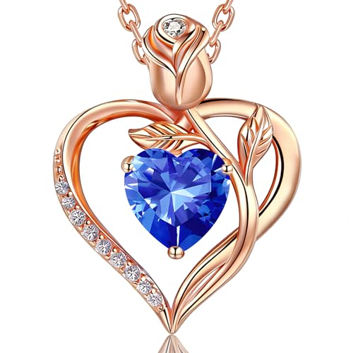Detalle de JACUPO Collar Corazón Rosa 1,2 Quilates Zafiro de Laboratorio Azul Real en Plata 925 bañada en oro rosa