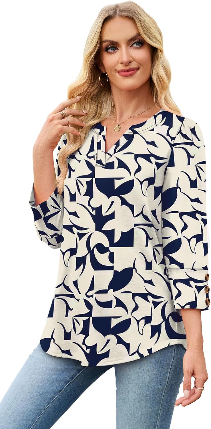 Detalle 2 de WIHOLL 3/4-Sleeve V-Neck Women's Top with Button Cuffs and Curved Hem
