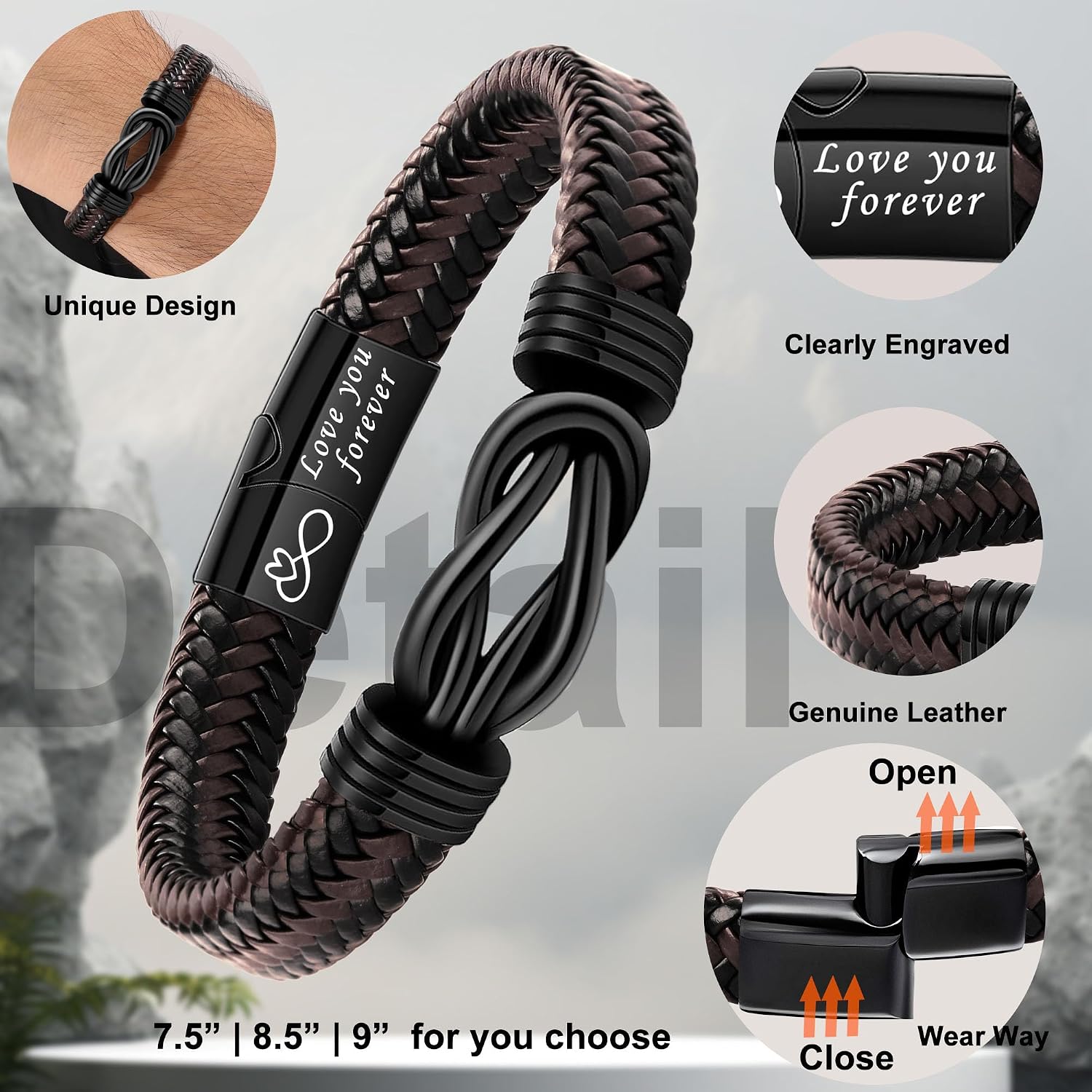 Detalle de Leather Morse Code Bracelet 8.5 in