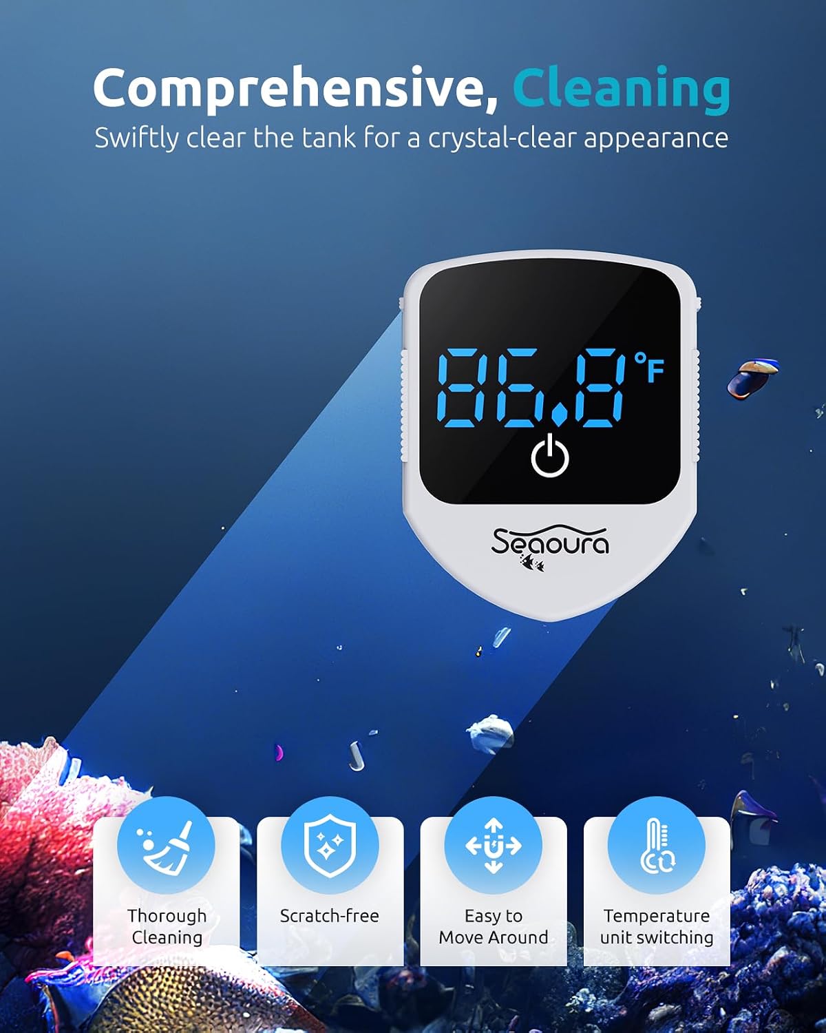 Detalle 1 de SEAOURA Aquarium Magnetic Cleaner with Digital Thermometer