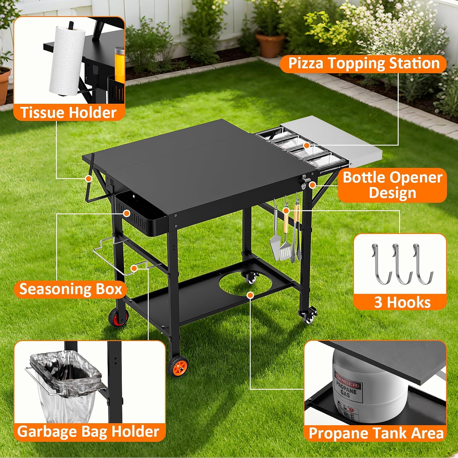 Detalle de EsFrondo Pizza Oven Table, Wheeled Grill Cart with 28.8-Inch Prep Surface