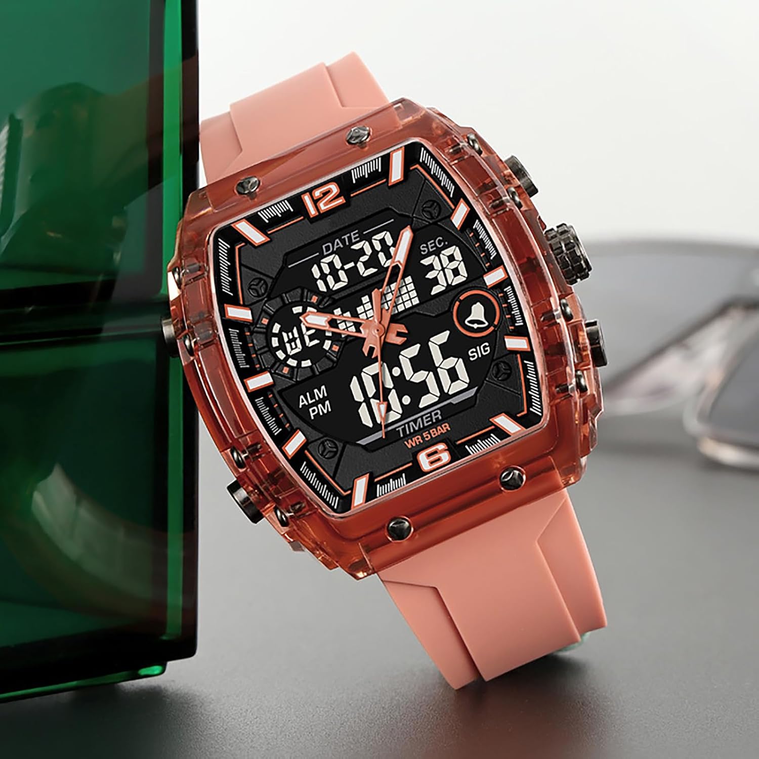 Detalle de findtime Herren Uhr – Tonneau/Rectangle Stylische Armbanduhr mit Alarm, Stoppuhr, Kalender und Dualzeit