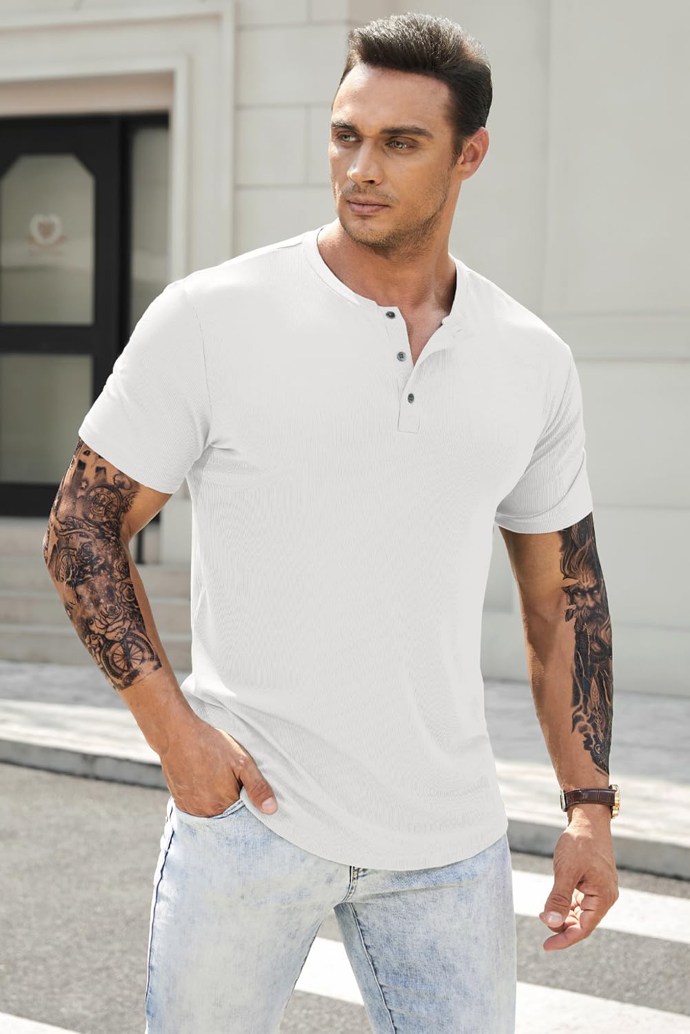 Thumbnail 1 de JMIERR Men's Muscle Slim Henley Shirt with Button Placket