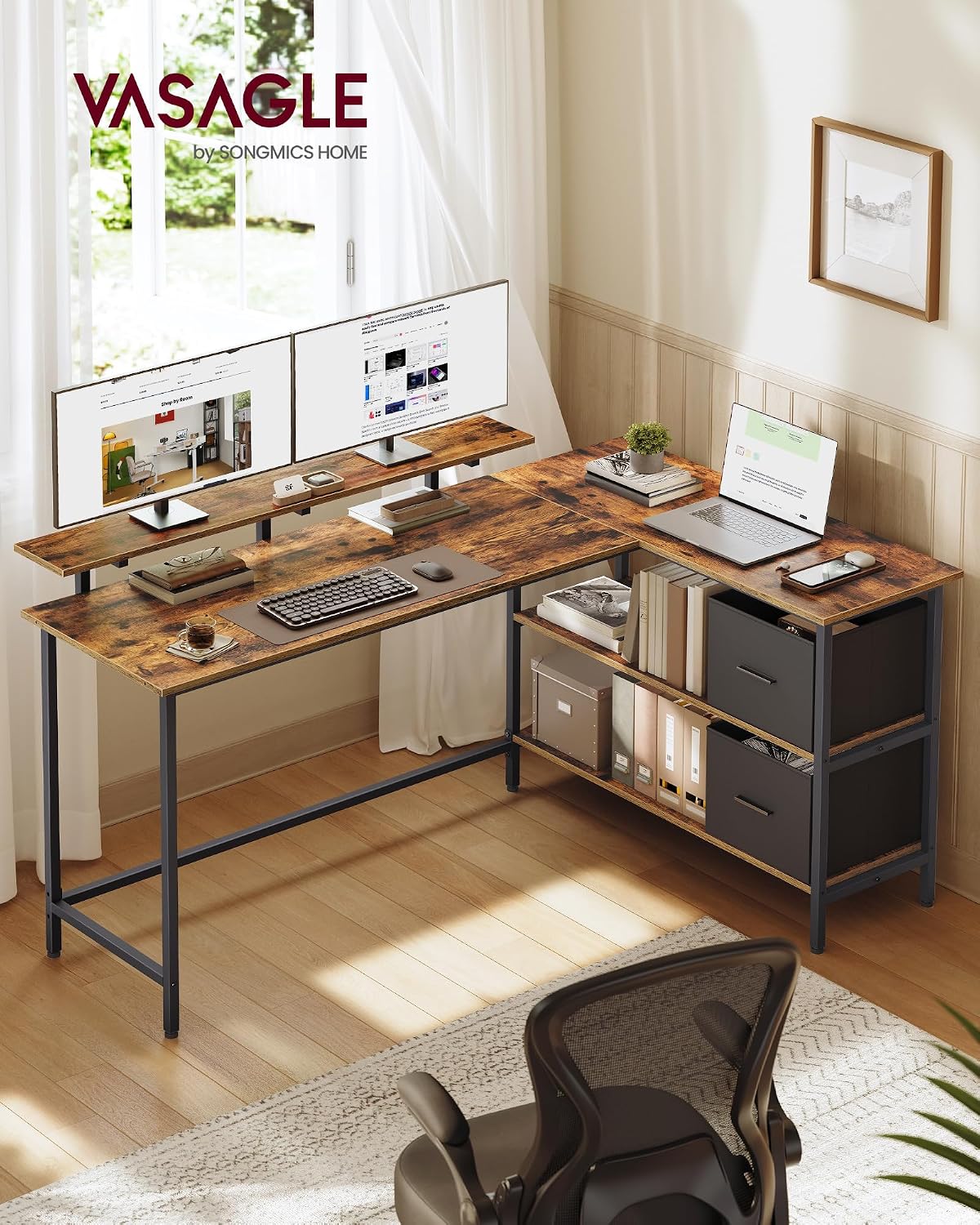 Detalle 2 de VASAGLE LWD129K101 L-Shaped Computer Desk with 2 Drawers and Monitor Stand