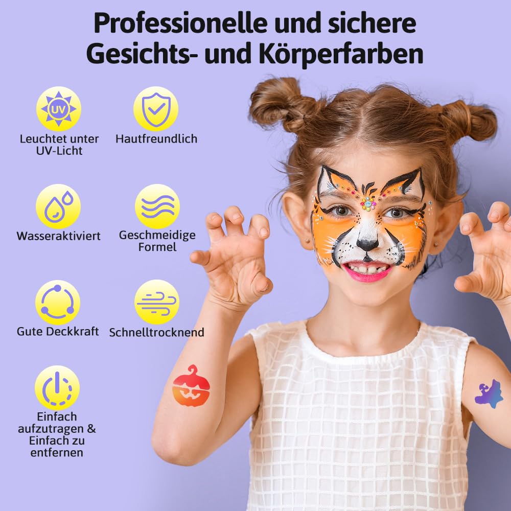 Detalle 2 de Janolia Gesichtsfarbe Kinderschminke Set – UV-Theaterfarben, Split Cake, 8 Rainbow-Farben + Extras