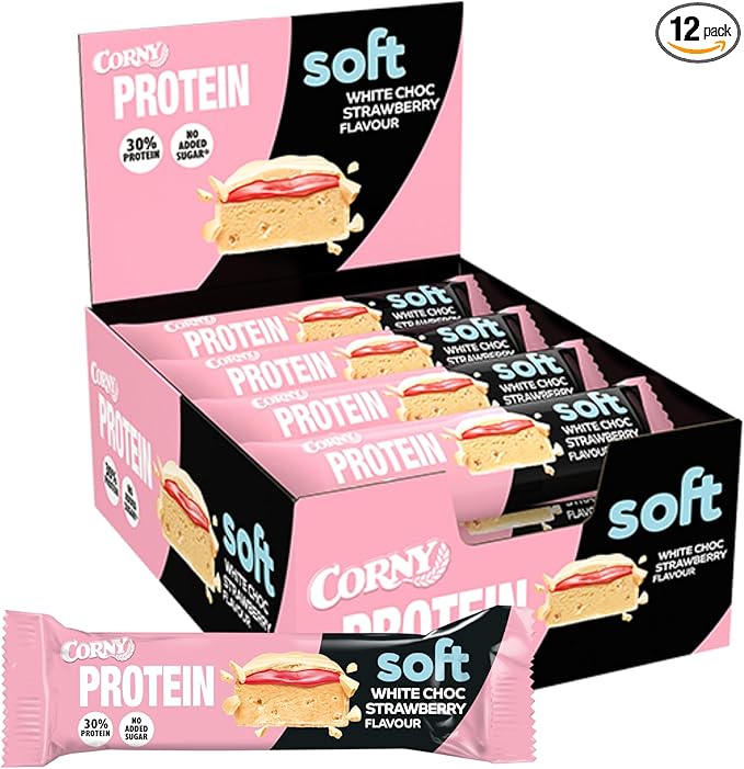 Detalle de Corny Protein Soft 🍫🌸 Barritas Proteicas Chocolate Blanco y Fresa, 30% Proteína