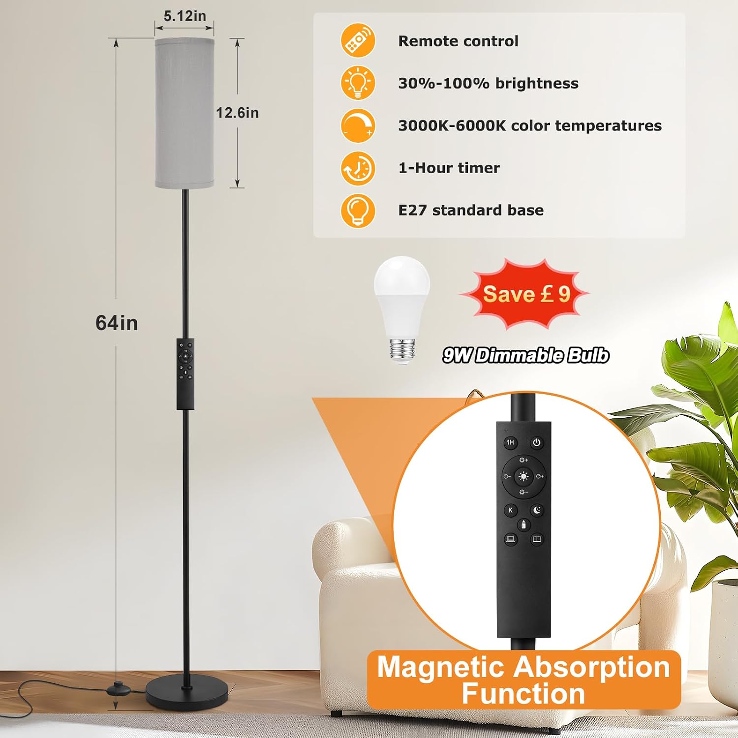 Detalle de Aooshine grey corner floor lamp with remote control, stepless dimming and 3 colour temperatures