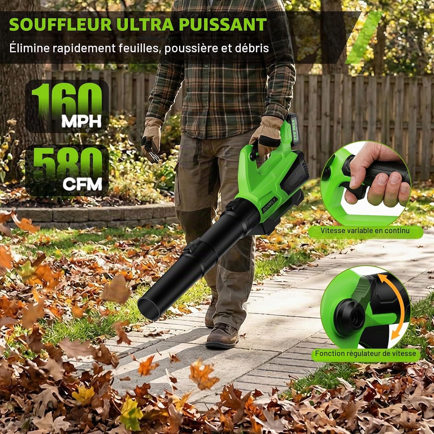 Detalle de SOARFLY draadloze bladblazer, 21 V, 2 x 4,0 Ah en instelbare snelheid