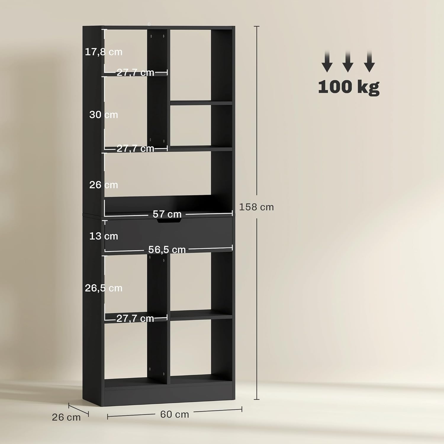 Thumbnail 2 de HOMCOM Bibliothèque avec tiroir et 9 compartiments ouverts, 60 x 26 x 158 cm (noir)