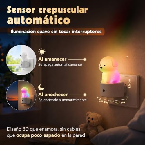 Detalle de AMHÖ Luz Nocturna Infantil con Enchufe Perro 3D: lunares colores suaves para dormir sin sobresaltos