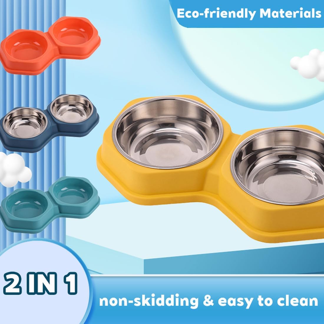 Detalle 2 de Double Dog Bowls: Non Slip Removable Stainless Steel Double Pet Bowl 2-in-1 (Dark Blue, S)