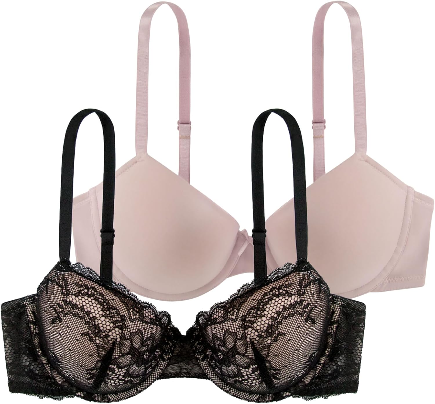 Detalle de Dorina Comfort Spitze Lace T-Shirt BH für Frauen – 2er-Pack, 3/4-Schale, gepolsterte Bügel-BHs in Schwarz, Rosa, Rot und Elfenbein
