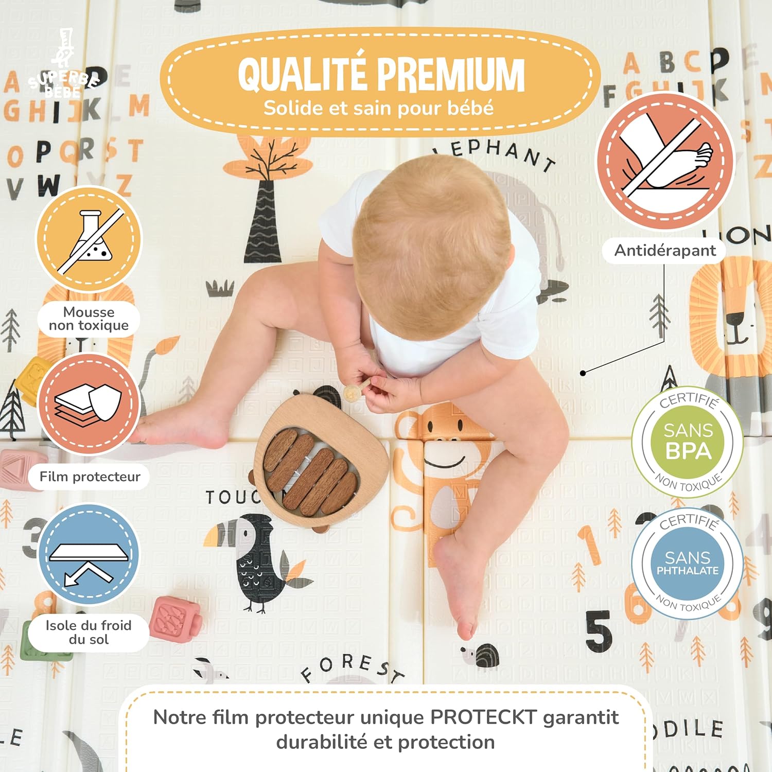 Thumbnail 4 de Tapis d'éveil pour bébé pliable épais réversible 150x180 cm – tapis de jeu Montessori XXL en mousse, antidérapant et lavable