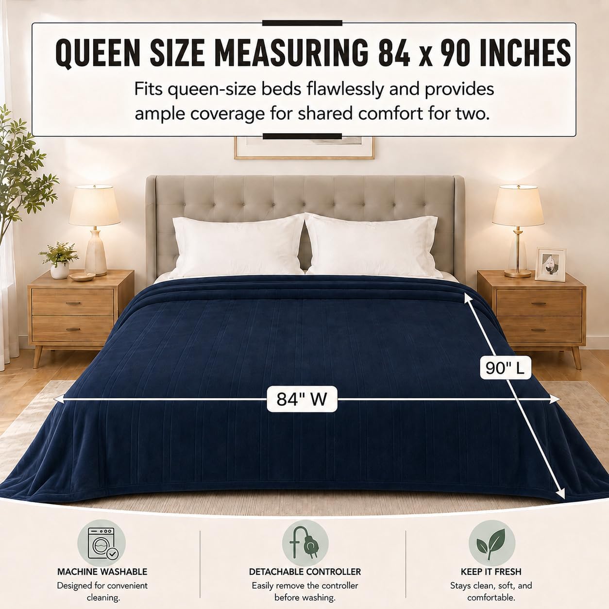 Detalle 2 de Ladung WDJ-EBA-BL-QS Electric Heated Blanket, Queen 84 × 90 in, Dark Blue