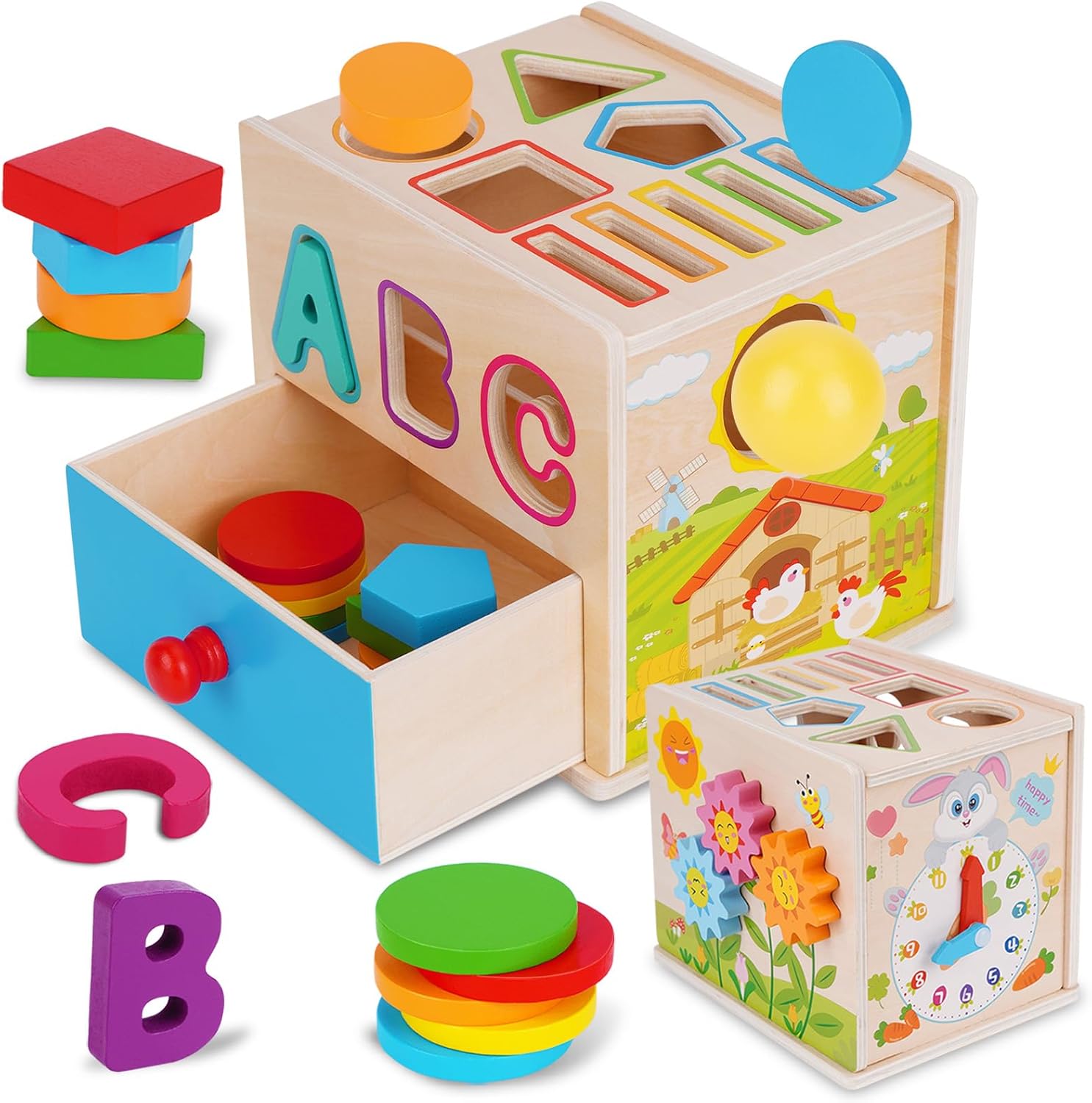 Detalle de FCSONU Jouet Montessori Bois 1–3 Ans – 13 blocs colorés et tiroir amovible