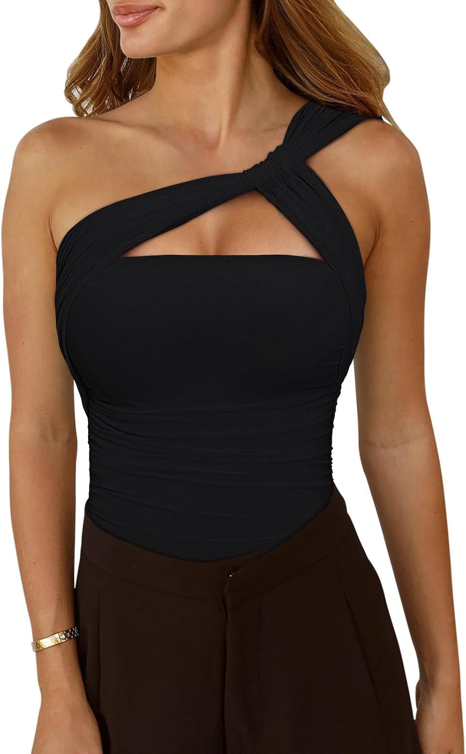 Thumbnail 3 de REORIA Womens Sexy One Shoulder Asymmetrical Leopard Mesh Ruched Backless Bodysuit