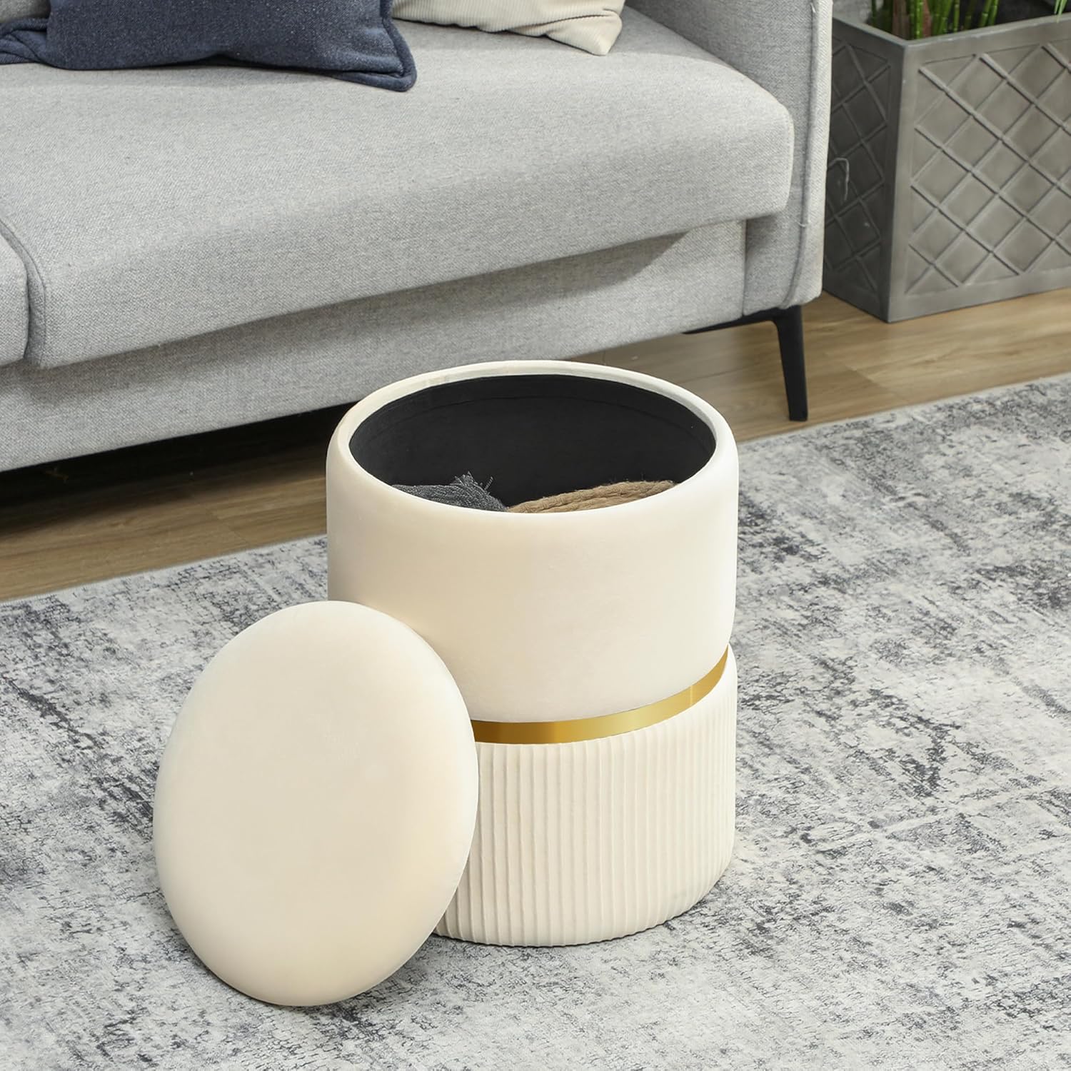 Thumbnail 6 de HOMCOM Pouf Tabouret Repose-Pied avec Coffre de Rangement en Velours côtelé Beige – 36 x 36 x 44 cm