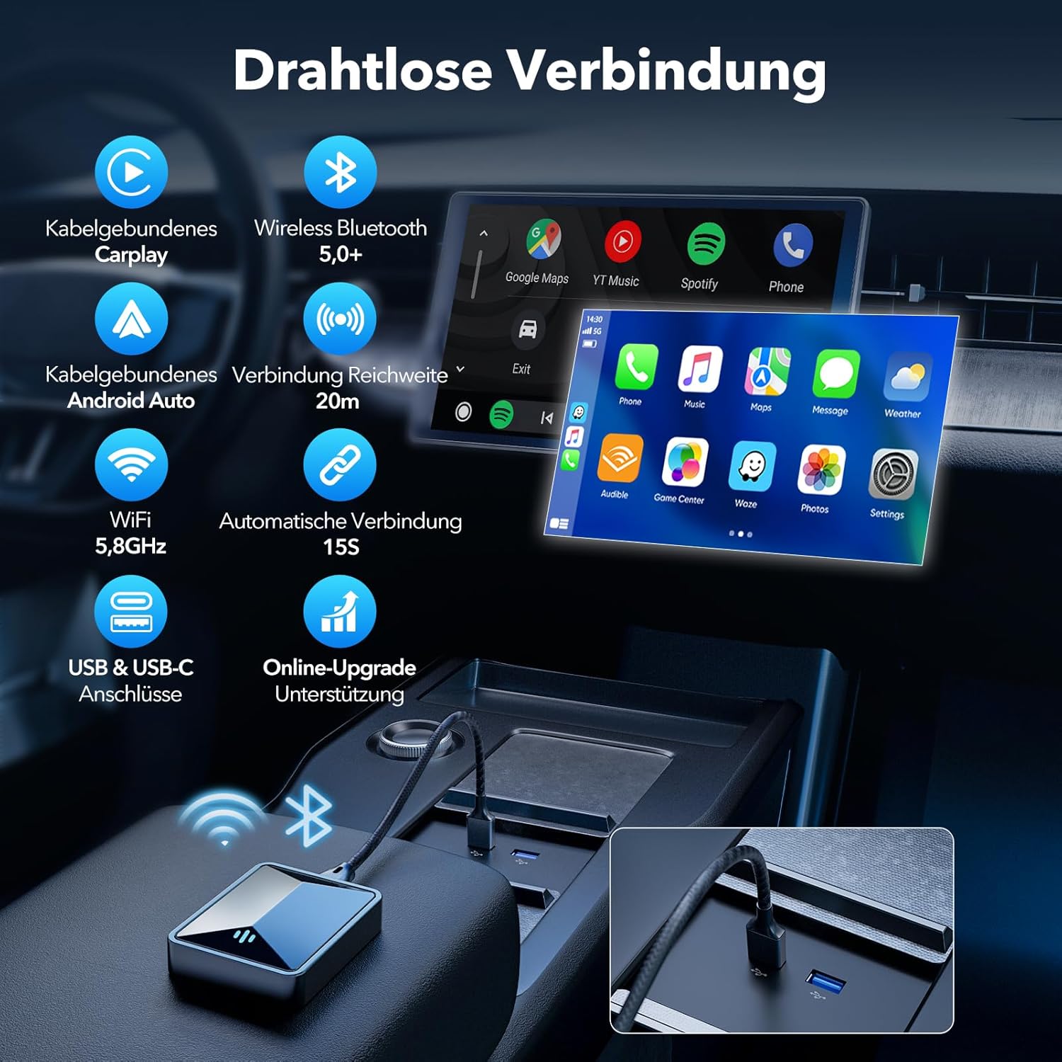 Detalle 2 de LAMTTO Adaptador Carplay Inalámbrico 2 en 1 5,8GHz