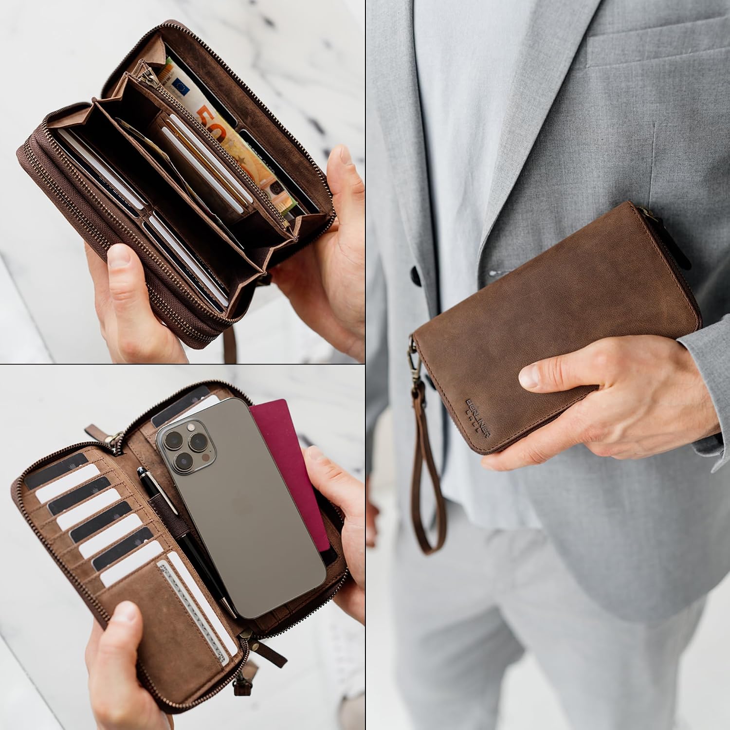 Detalle de Berliner Bags Dallas Grand Portefeuille en cuir véritable avec protection RFID – marron