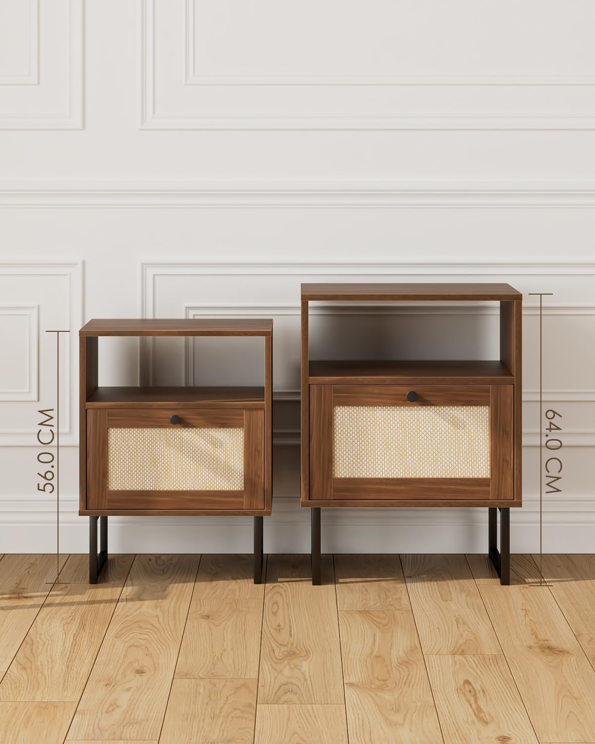 Thumbnail 5 de Masupu Rattan Night Stand, Walnut Brown Bedside Table with Drawer and Shelf