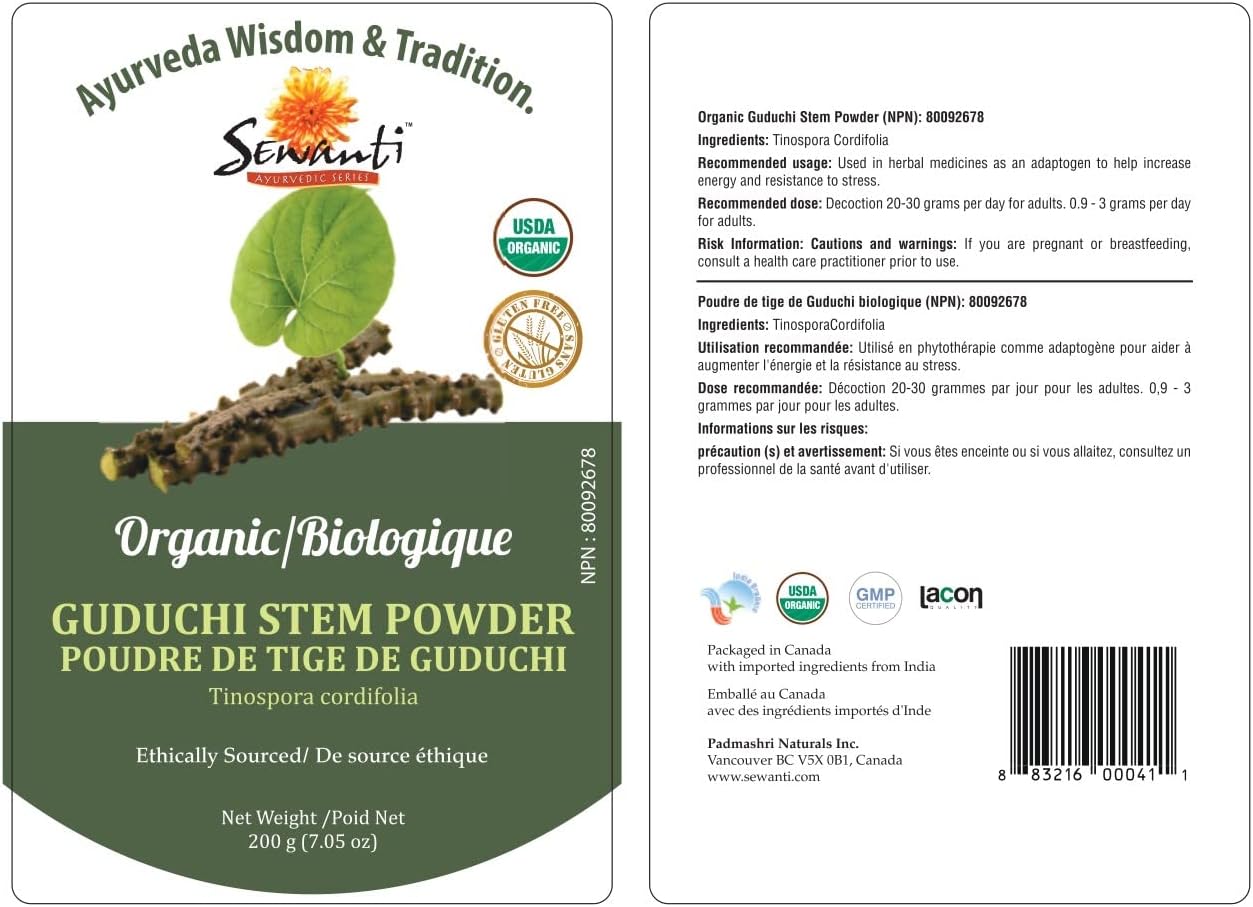 Detalle de Sewanti Organic Guduchi Powder, 200 g, NPN 80092678, Made in Canada