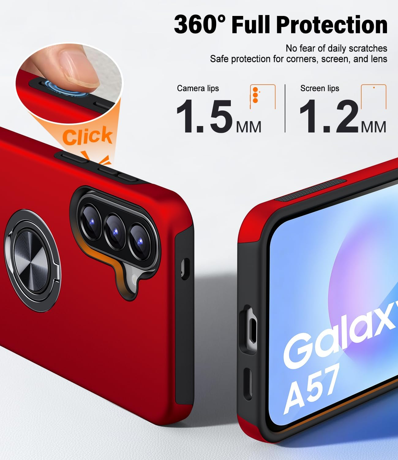 Detalle de AOUIA Galaxy A57 5G case with 2-pack screen protectors and 360° rotating ring kickstand (Red)