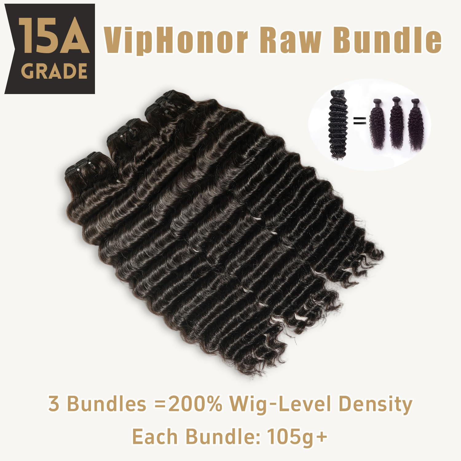 Detalle de Raw Bundles Human Hair Deep Wave — 15A Unprocessed Curly Bundles (22, 24, 26 Inches)