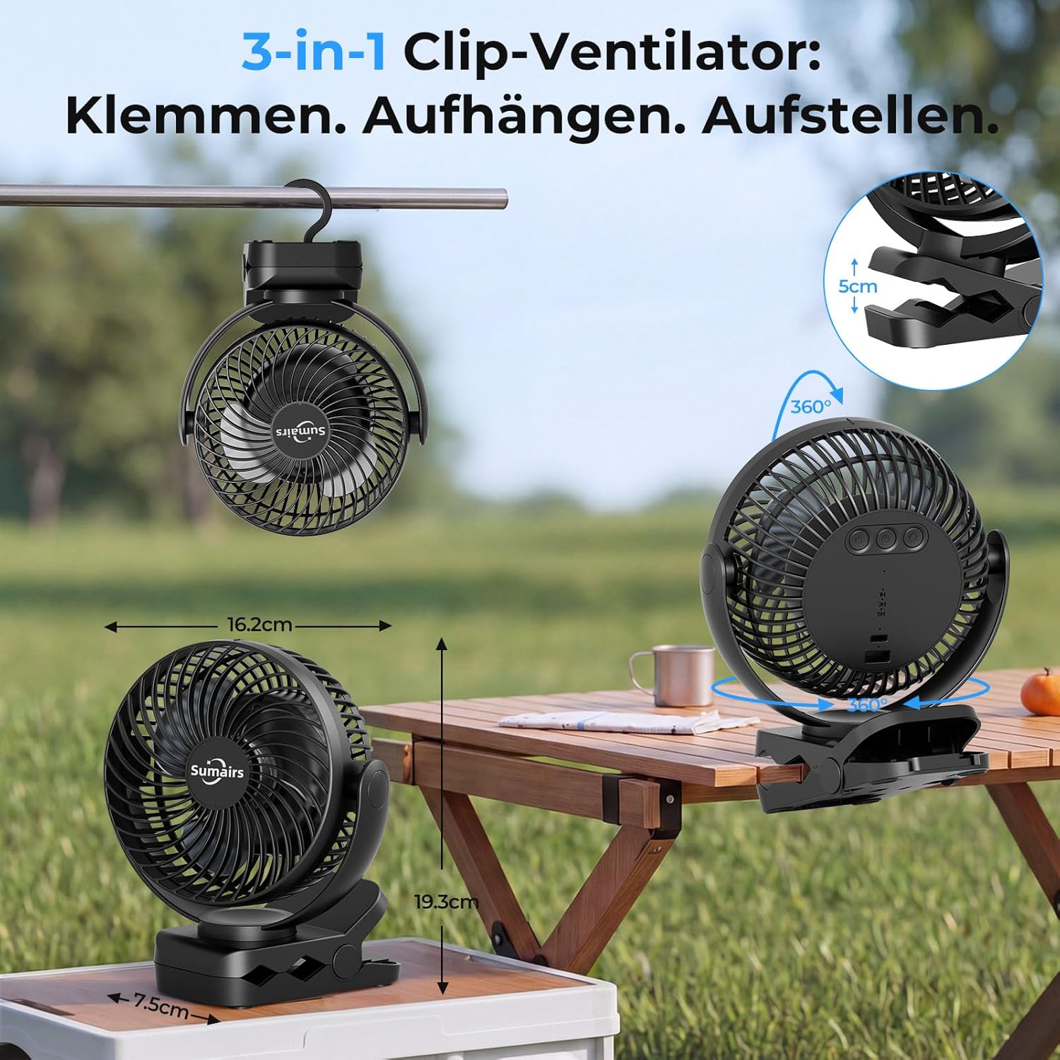 Thumbnail 5 de Sumairs 5.5" Clip-on Rechargeable Camping Fan (10,000mAh) with Remote, LED & Power Bank