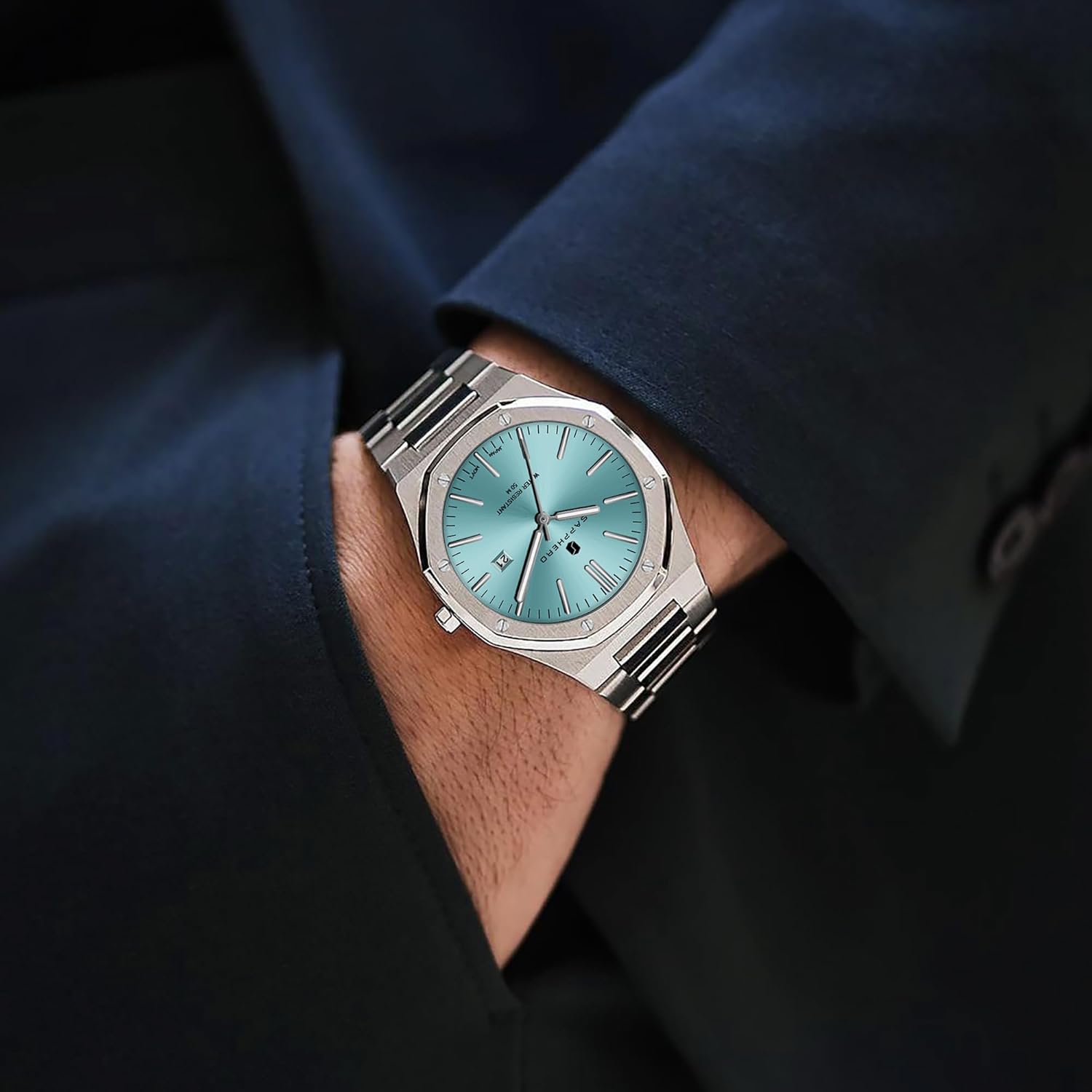 Detalle 2 de SAPPHERO Herrenuhr SO-2110 – Edelstahl, Quarzwerk, 42 mm Gehäuse, 3 ATM Wasserdicht