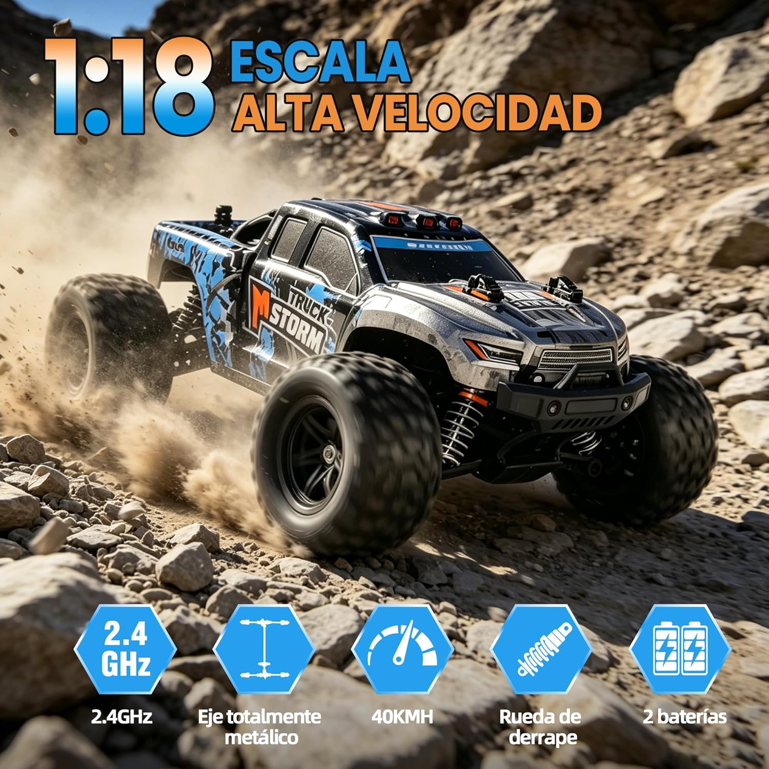 Detalle 2 de JOYTREKY Voiture TéLéCommandéE - 1:18 4WD tout-terrain (40 km/h) avec 2 batteries—Bleu