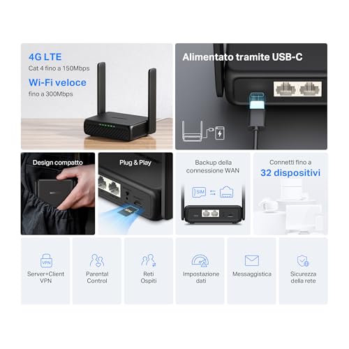 Detalle de Mercusys MB113-4G Router WiFi con SIM: router portatile 4G LTE con VPN e USB-C