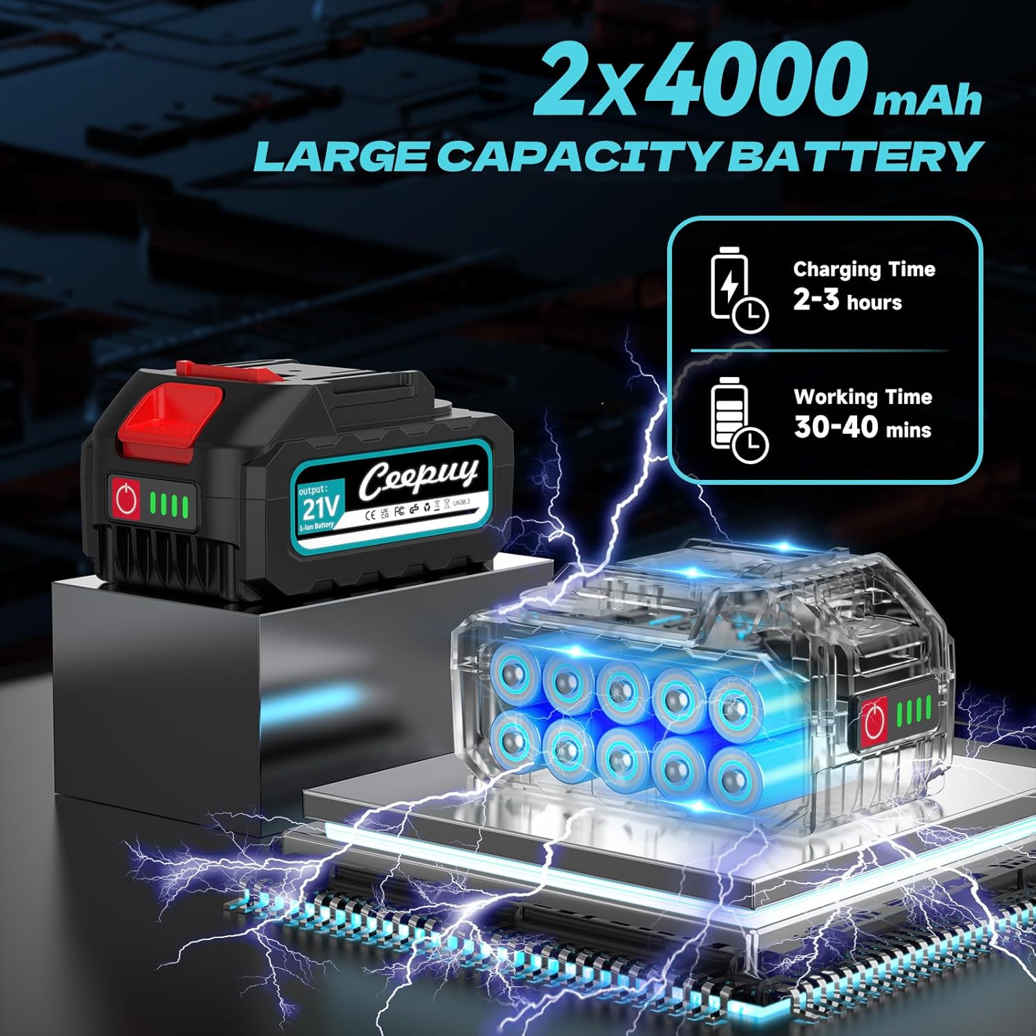 Detalle de Mini motosierra a batería CEEPUY de 6 pulgadas (2×4000mAh) con engrase automático