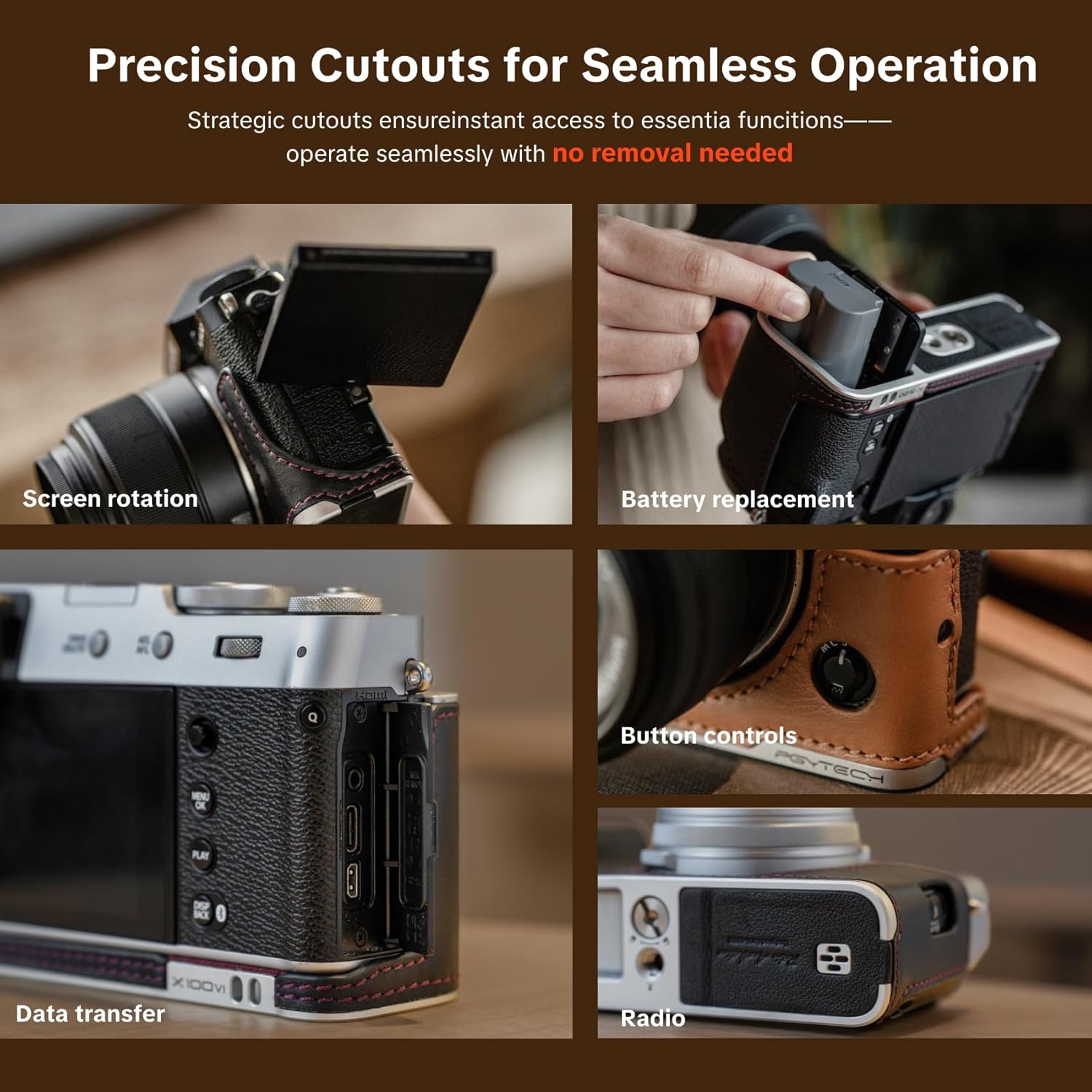 Thumbnail 2 de PGYTECH X-T5 Étui en cuir pour FUJIFILM : Demi-étui en cuir véritable fait main, base en alliage d'aluminium (Marron)
