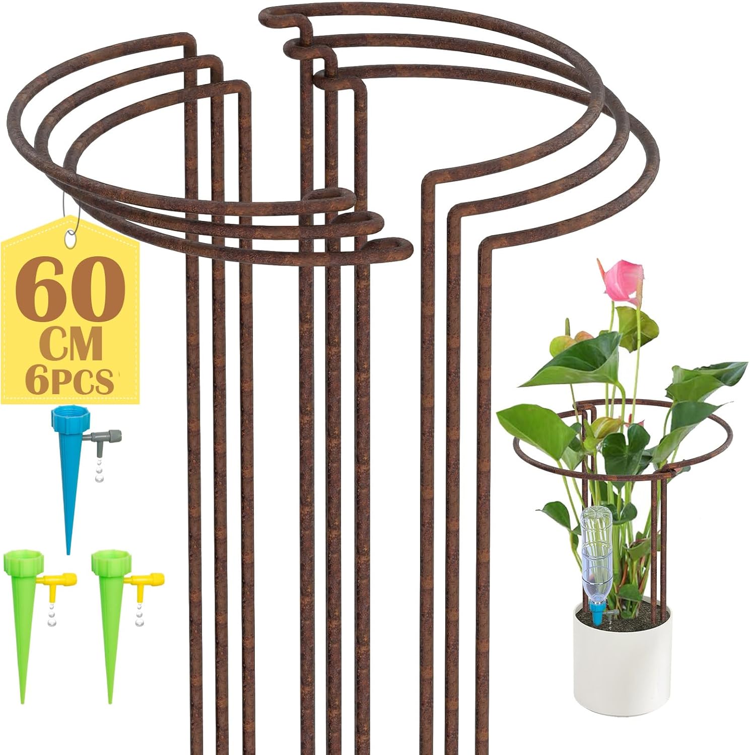 Detalle de KAZITOO 6 Pack 60cm Tall Rusty Bow Plant Supports: Natural Rusted Stakes with Self-Watering Spikes