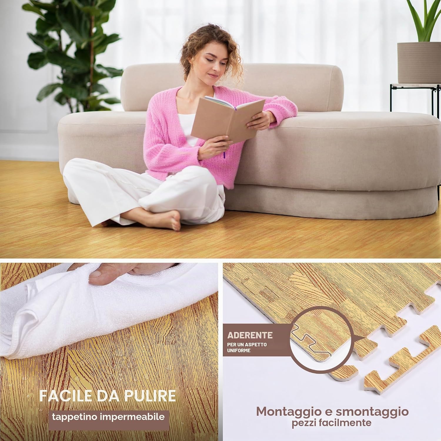 Detalle de Yes4All TDV8 Tappeto ad incastro 12SQFT, 1,1 m² – 12 piastrelle in EVA con effetto legno, incastro reversibile