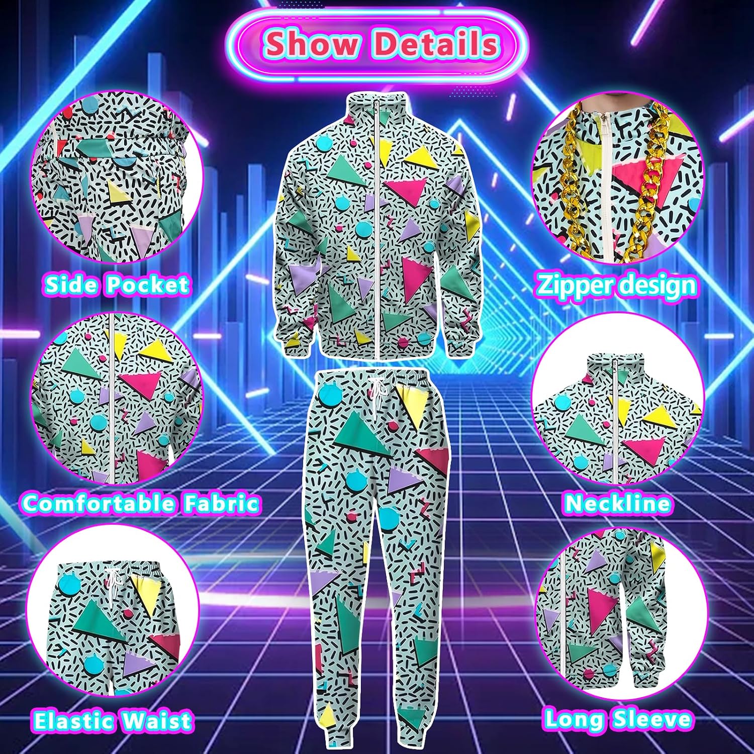 Detalle de OPAEHJF 80s/90s Men’s Tracksuit Costume Set (8 pieces) – neon windbreaker, hat, sunglasses & more