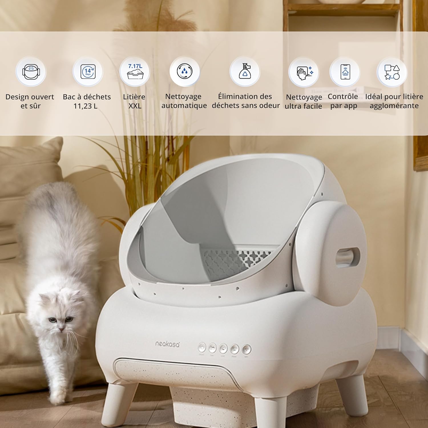Detalle 2 de Neakasa M1 Lite litière chat autonettoyante ouverte, contrôle via application (jusqu’à 14 jours sans nettoyage)