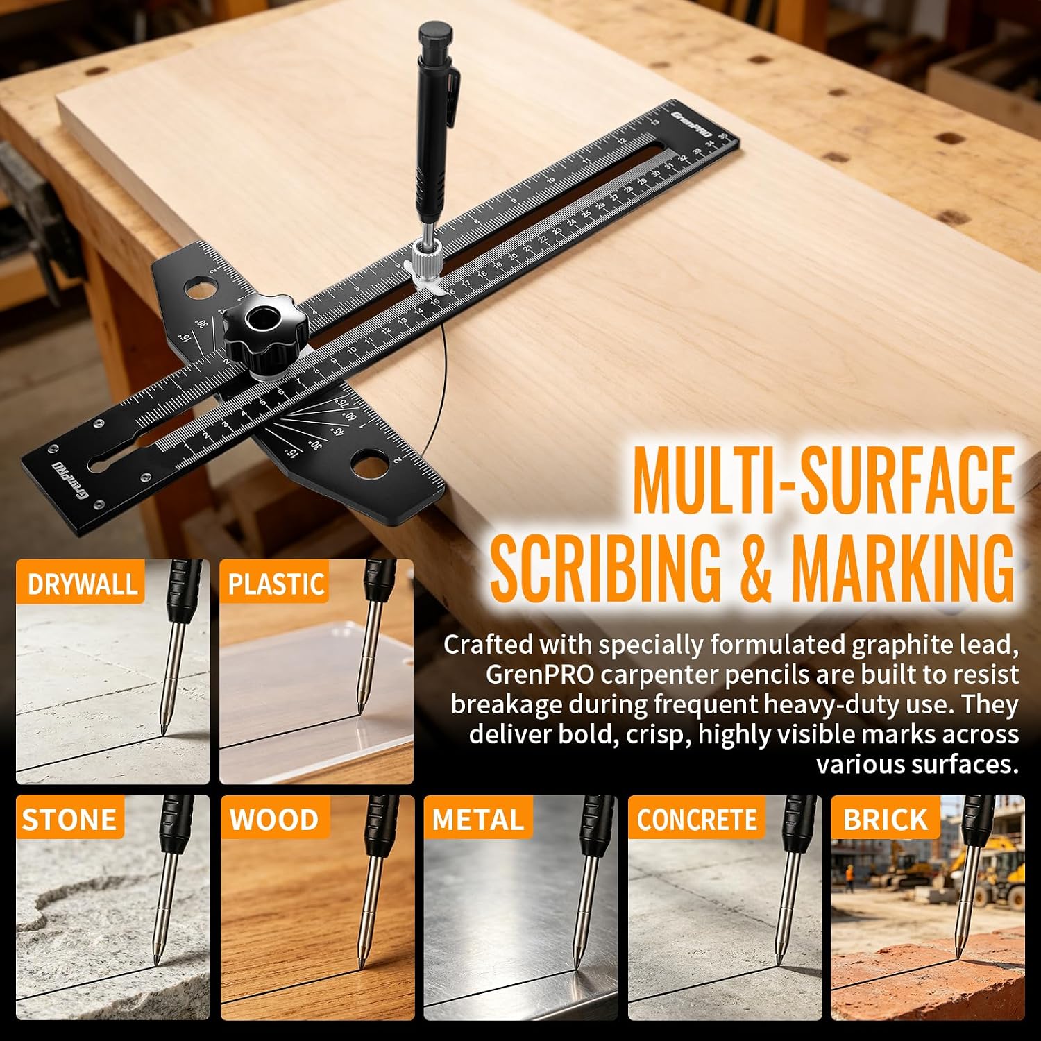 Thumbnail 5 de GRENPRO Combination Speed T-Square Ruler and Angle Finder, Aluminum, Dual Scales